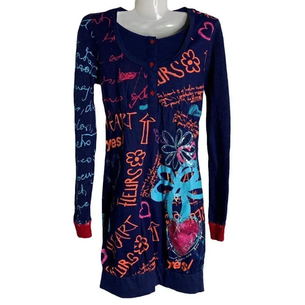 Desigual Girls Jersey Knit Graffiti Dress 13 Blue Buttons Round Neck Sequins